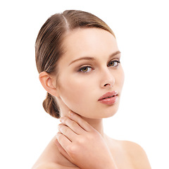 Image showing Woman, portrait or beauty skincare with makeup cosmetics, dermatology self love or healthcare wellness routine. Zoom, model or face with facial glow, healthy collagen or hairstyle on white background