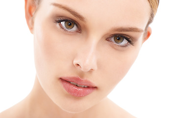 Image showing Face, beauty and woman in portrait with skincare closeup, healthy skin with glow against white background. Eyes, vision and facial zoom with makeup and natural cosmetics, dermatology and wellness