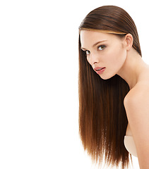 Image showing Woman, portrait and brunette hairstyle by white background mockup for keratin treatment, dye marketing or advertising. Beauty model, face and brown hair card on skincare or isolated mockup backdrop