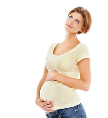 Image showing Think, portrait and woman pregnancy with stomach holding to show love, care and smile for child. Pregnant, thinking and calm mother with loving hands on abdomen with happiness for baby with mockup