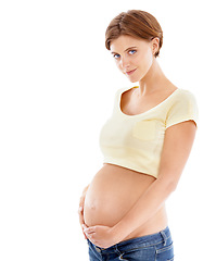 Image showing Woman, pregnancy and stomach hold portrait to show baby love, happiness and smile. Happy mom care, wellness and mother hands holding abdomen showing loving new young mama empowerment with mockup