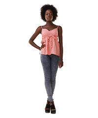 Image showing Portrait, fashion and a black woman in studio on a white background with her hand on her hip in confidence. Clothes, trendy and confident with a young african american female posing for style