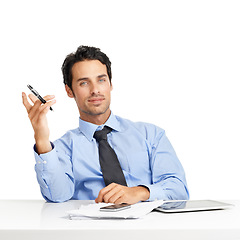 Image showing Businessman working, documents and pen in portrait with technology for research and notes against white background. Corporate law, male lawyer study for legal case with tablet and phone at desk