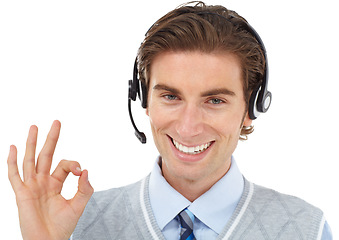 Image showing Call center portrait, business man and ok hand sign of crm consultant showing support and yes. Thank you, success and agreement hands gesture of customer service employee happy with white background