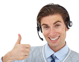 Image showing Contact us, crm worker portrait and thumbs up hand sign of consultant help showing support. Thank you, success and yes hands gesture of customer service employee happy with white background mockup