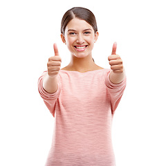 Image showing Woman, smile and thumbs up for winner, sale or discount against a white studio background. Portrait of isolated young female showing thumbsup for good job, thank you or finished on white background