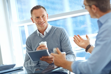 Image showing Business, tablet and men talking, collaboration and planning corporate deal, meeting and conversation. Male entrepreneur, boss and employee have discussion, partnership and target for startup company