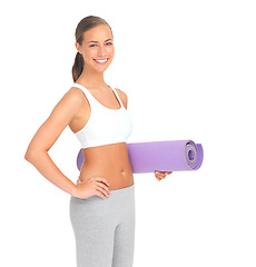 Image showing Girl, studio portrait and holding yoga mat for meditation, happiness and white background for exercise. Isolated model, yoga or pilates workout with mindfulness, health and fitness for strong body