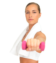 Image showing Studio portrait, woman and hand with dumbbell, focus and workout for goals, health and white background. Isolated model, weightlifting and mindset for healthy training, wellness and strong body