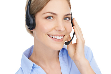Image showing Portrait, call center or customer service with a woman consultant in studio on a white background for sales. Contact, crm or support with a female employee consultating on a headset for telemarketing