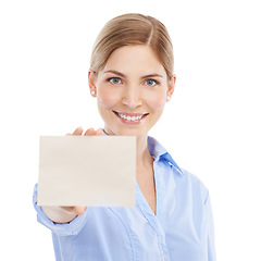 Image showing Business, happy and woman with a card with mockup space for announcement or advertising. Signage, bulletin and portrait of a female model with blank board with copy space by white studio background.