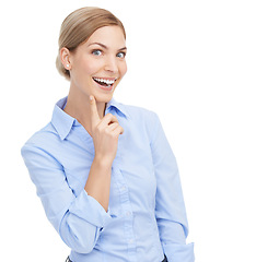 Image showing Business woman, portrait and excited about idea on a white background while happy for a solution. Face of a female entrepreneur in studio with a positive mindset and ideas for startup marketing