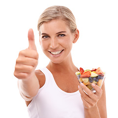 Image showing Diet, fruit salad and portrait of woman with thumbs up, eating healthy and happy isolated on white background. Health, salad and nutrition, beautiful happy woman with fruit, food and yes hand gesture