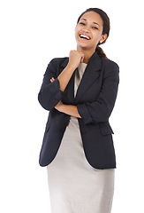 Image showing Business woman, laugh and success portrait of a employee with smile happy with white background. Isolated, happiness laughing and black woman worker excited about corporate law work with mockup