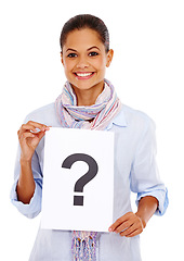 Image showing Black woman, question paper and smile portrait for poster advertising, branding marketing and isolated in white background. African girl, question mark board and happiness or confident face in studio