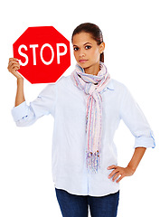 Image showing Woman with stop road sign, traffic rules and caution in portrait with stop sign isolated on white background. Warning sign, red with limit and danger, road regulations and young female with signage