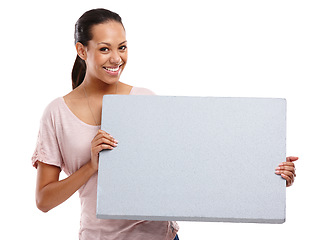 Image showing Studio, mockup and woman with banner on a white background for announcement, information and message. Marketing, advertising and portrait of girl isolated with poster for branding, logo and print