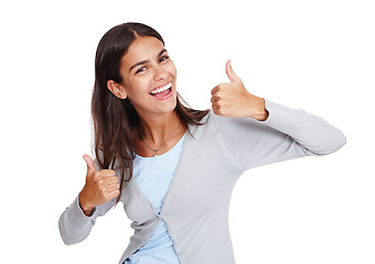 Image showing Happy, thumbs up and portrait of a woman with emoji for winning, success and thank you for support or vote. Excited female with yes or like for deal, sale or discount isolated on a white background