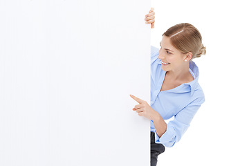 Image showing News, announcement and businesswoman with blank sign, mockup and product placement isolated on white background. Advertising, marketing and body portrait of happy woman with poster board and smile.