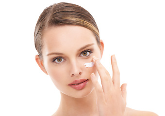 Image showing Beauty model, portrait and skincare face cream by white background in dermatology wellness, self love and grooming. Zoom, woman and facial sunscreen product in healthcare hydration and collagen glow