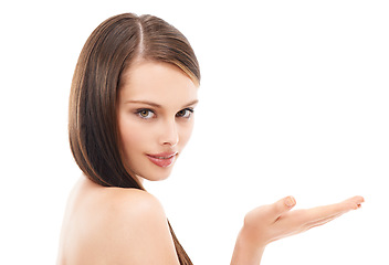 Image showing Woman portrait, skincare or hand palm for promotion space, product placement or hair advertising sales on studio mockup. Happy, beauty model or showing marketing gesture on white background mock up
