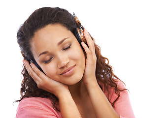 Image showing Headphones, music and calm woman in studio mental health, wellness and subscription streaming service. Student listening to audio for online subscription and technology in calm, peace and zen mockup