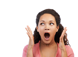 Image showing Black woman, wow face and hands in studio for shocked expression, news or open mouth by white background. Woman, surprise facial and isolated model with fashion, announcement or notification with omg