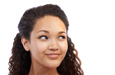 Image showing Thinking, idea and mockup with a black woman in studio on a white background for marketing or advertising. Mock up, dreaming or ideas with a beautiful young female looking pensive while contemplating