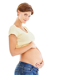 Image showing Healthy, woman and pregnancy stomach portrait pregnant with love, care and happy smile. Happy mother, young mama and loving hands on abdomen feeling calm about new baby and mom lifestyle with mockup