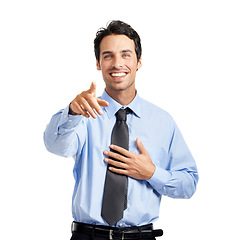 Image showing Businessman portrait, you or pointing hands in employment opportunity, candidate choice or selection on studio background. Smile, happy or choosing worker finger in vote or optimism gesture on mockup