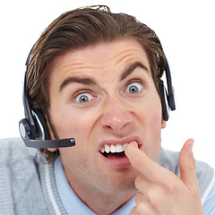 Image showing Call center, portrait and consultant clean his teeth, silly and funny face on white background. Face, humor and goofy young man working in crm, telemarketing or customer service job while isolated