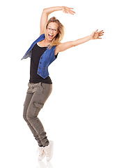 Image showing Portrait, dance and mockup with a woman excited in studio on a white background to promote advertising space. Marketing, mock up and product placement with a young female dancing for fun and success