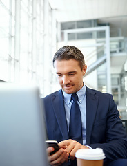 Image showing Businessman, travel with phone and communication, focus and ready for business trip in airport corporate lounge. Man, online and email networking with conference, work traveling and professional