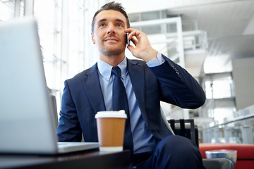 Image showing Corporate, phone call or business man in office building for networking, communication or b2b network. Happy, smile or manager with smartphone for planning meeting, strategy or speaking on mobile