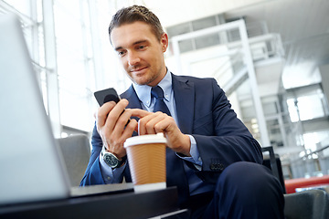 Image showing Businessman with phone, communication and social media, executive in corporate lounge with technology and coffee Contact, man online and email networking and management with b2b and social network