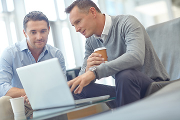 Image showing Negotiation meeting, businessman or clients on laptop in company lobby for strategy, planning or feedback. Professional people, financial advisor or employee talking to partner of startup investment