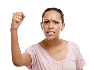 Image showing Black woman, portrait and angry fist to protest for power, human rights and motivation in studio. Female with hand for justice, motivation and support freedom revolution isolated on white background