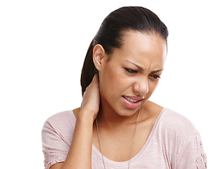 Image showing Discomfort, stress and woman in studio with neck pain, injury or accident with medical emergency. Painful, hurt and female from Mexico with muscle sprain, sore or tension isolated by white background