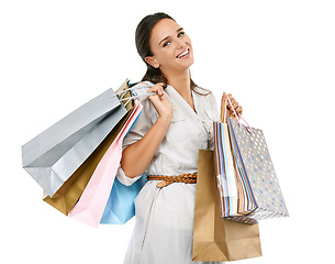 Image showing Woman with shopping bag, retail and fashion portrait, store sale and isolated against white background. Shopping, discount and promotion with clothes, designer brand and happy customer and paper bag