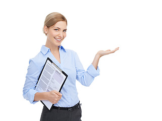 Image showing Portrait, documents and mockup with a business woman in studio on a white background for product research or advertising. Review, brand or data with a female employee holding a clipboard for a survey