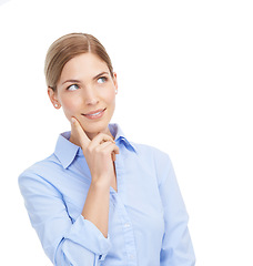 Image showing Business woman, thinking and space for an idea on a white background with a smile and vision. Face of a female entrepreneur in studio brainstorming ideas, decision or solution startup marketing