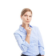 Image showing Thinking, business woman and space for advertising on a white background with ideas, decision or solution. Face of a female entrepreneur in studio planning vision or idea for startup marketing