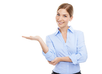 Image showing Hand, worker and portrait of girl with space for product placement with solution, choice and decision. Happiness of isolated corporate woman for marketing promo in white background with mockup.