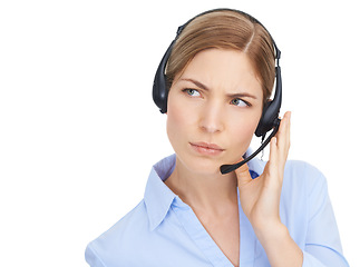 Image showing Thinking, customer service and face of woman at call center in studio isolated on white background mock up. Crm, ideas and doubt of female telemarketer, consultant or sales agent listening on headset