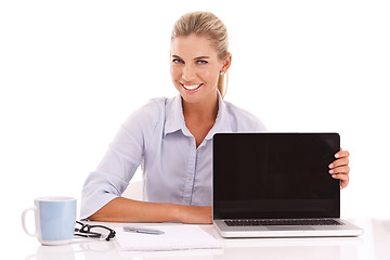 Image showing Laptop mockup, portrait and businesswoman in studio, white background and isolated for advertising space. Happy worker, female model and computer technology, website and digital marketing platform