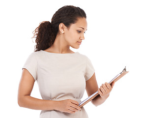 Image showing Business, reading and portrait of woman with clipboard survey, checklist or report with mock up. Management, schedule or inventory list for small business orders and black woman on white background.