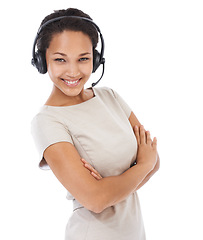 Image showing Black woman, studio portrait and arms crossed for telemarketing with headphones, communication and white background. Isolated crm consultant, call center and woman for customer service, tech and goal