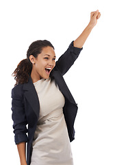 Image showing Success, celebration and business woman with arm up and white background mockup. Wow, celebrate and happy successful corporate black woman with smile, empowerment and happiness, celebrating new deal.