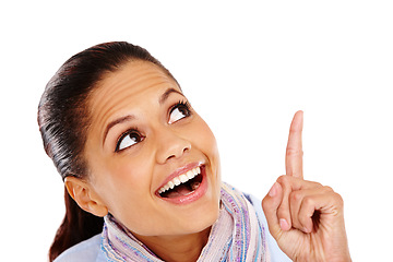 Image showing Smile, announcement and pointing up, portrait of woman with mockup and product placement isolated on white background. Discount sale, marketing and advertising space, happy woman in Brazil in studio.