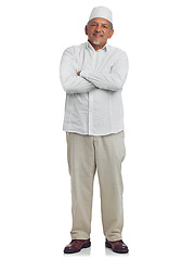 Image showing Muslim senior man, happy portrait and standing in white background for Islamic fashion, religious culture and empowerment. Arab, elderly person and smile for religion lifestyle isolated in studio